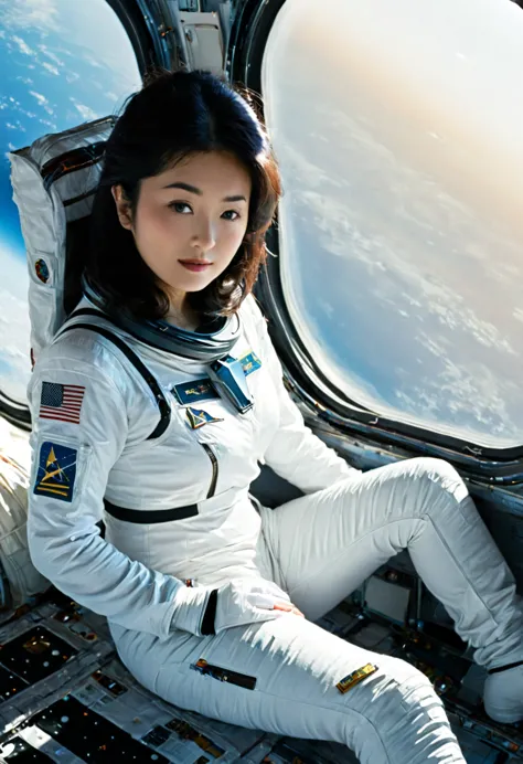 Arabian woman in white spacesuit sitting on space shuttle, space girl, In a space suit, powerful woman sitting in space, wearing...