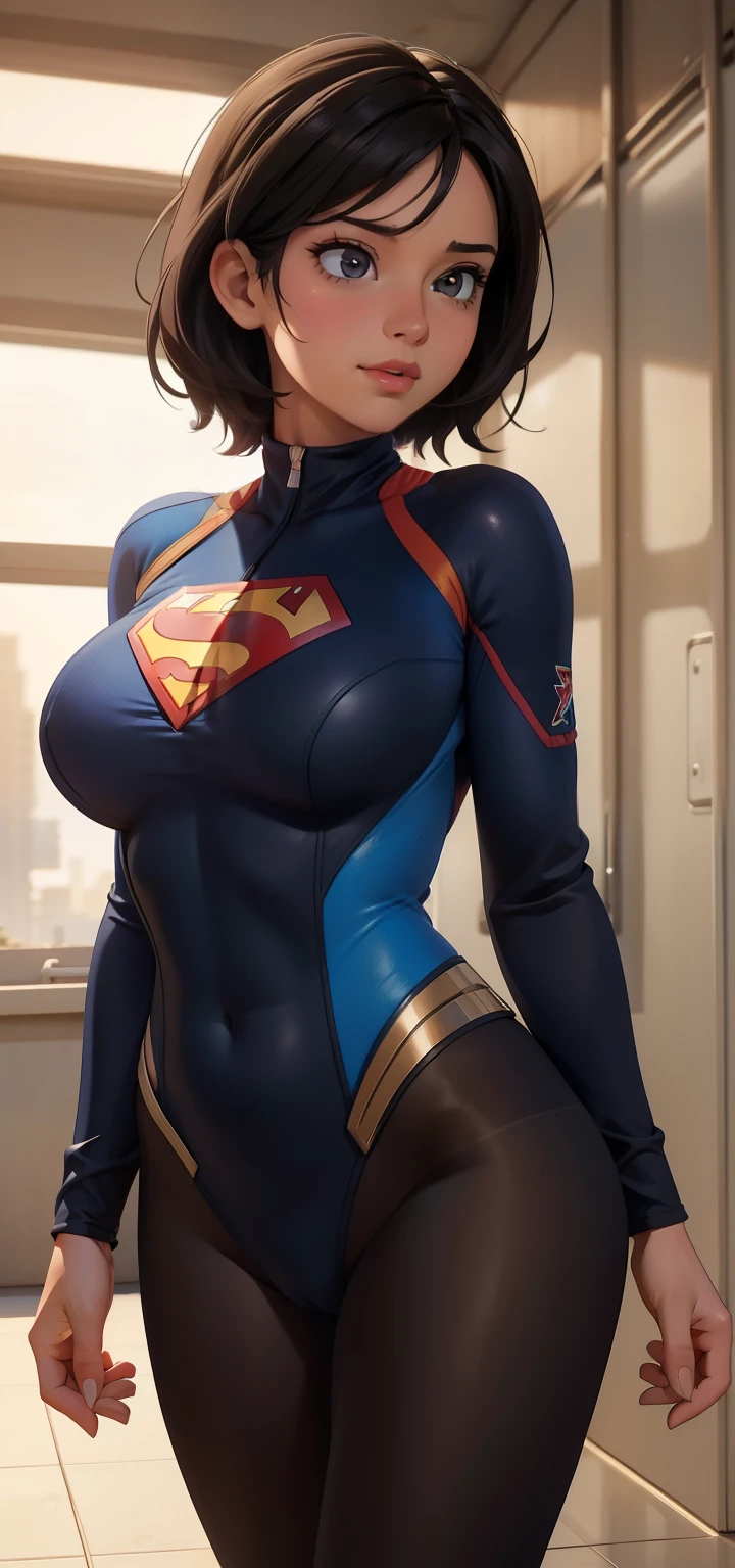 1female，41 years old，MILF，A MILF，mature，plumw，extremely large bosom ，Pornographic exposure， solo，（Background with：stadio） She has short black hair，bobo head，Station，seen from the front， hair straight， mostly cloudy sky，（（（tmasterpiece），（Very detailed CG unity 8K wallpaper），best qualtiy，cinmatic lighting，detailed back ground，beatiful detailed eyes，Bright pupils，（Very fine and beautiful），（Beautiful and detailed eye description），ultra - detailed，tmasterpiece，）），facing at camera，A high resolution，ultra - detailed），revealing breasts，Bare genitalia，  Bulge，legs are open，Raised sexy，Camel toes，Flushed complexion，Open-mouthed，frontage，us airforce，Aviator，（Wearing：Track and field suits，Black pantyhose）Superman uniform
