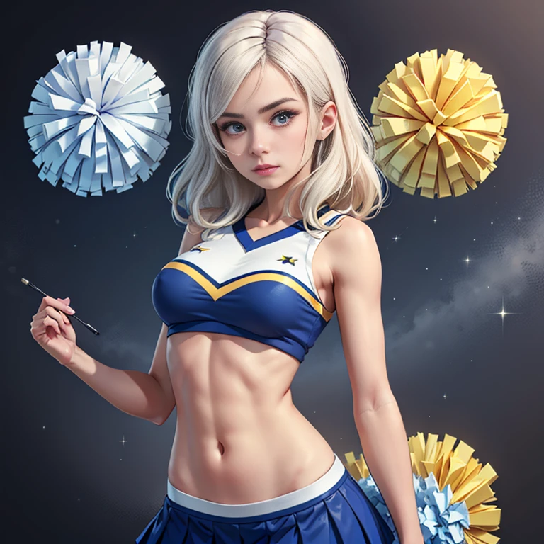 Masterpiece, best quality, detailed face, woman, platinum hair, college cheerleader uniform, midriff, standing, holding pom poms, blue skirt, at the college, looking at viewer, neutral face