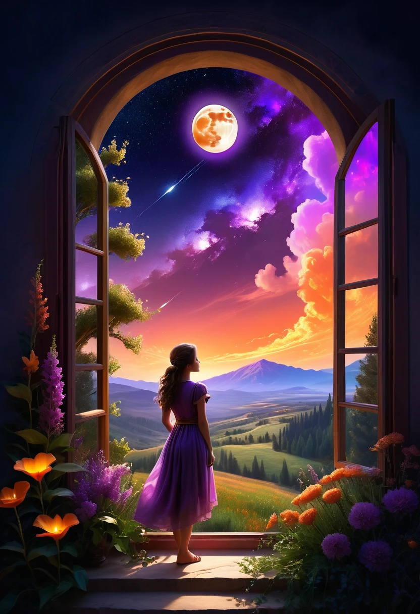 beautiful dark room，There is a big window, Windows in Roman architectural style，Girl standing by the window，The scenery outside the window，Looking out from the window，vast landscape photos, (A view of the sky and the wilderness below), Standing in the flower field and looking up, (full moon: 1.2), (meteor: 0.9), (nebula: 1.3), distant mountains, The art of tree folding, (Warm light source: 1.2), (firefly: 1.2), lamp, purple and orange, intricate details, Volumetric lightingBREAK (masterpiece: 1.2), (best quality ), 4K, Super detailed, (Dynamic configuration: 1.4), Highly detailed and colorful details (iridescent: 1.2), (sparkling lights, mood lighting), fantastic, magic, (alone: 1.2)