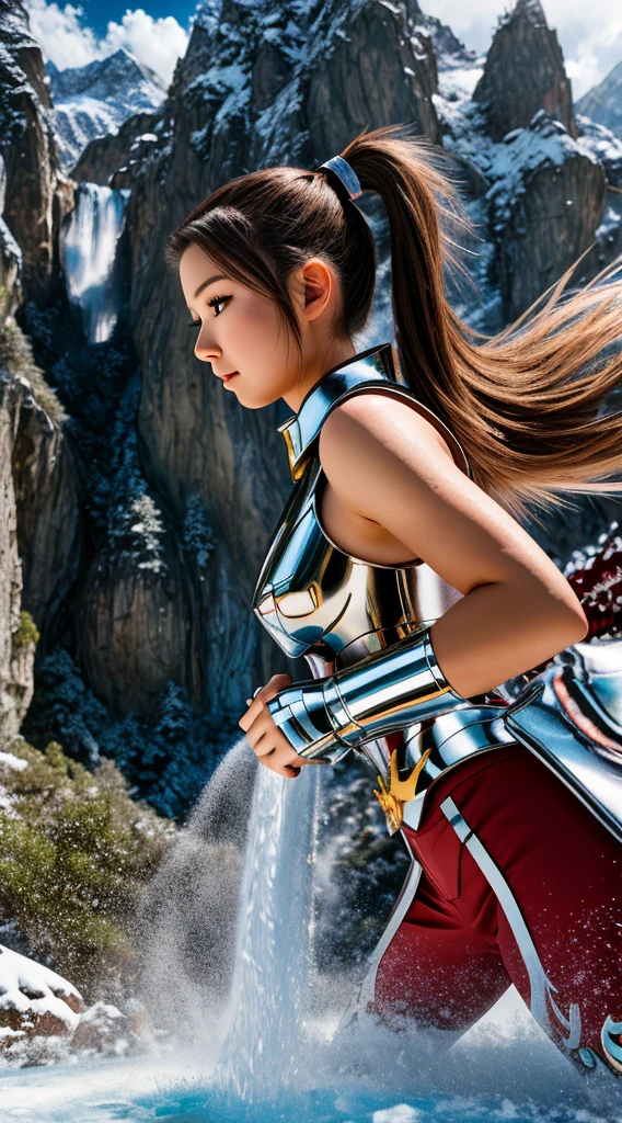 A masterpiece of optical realism, Highly detailed, lifelike 8k photos, Surreal quality at its finest., Volumetric light and shadow, Girl in Pegasus armor, ponytail, snow mountain village, Panning shot of a beautiful waterfall