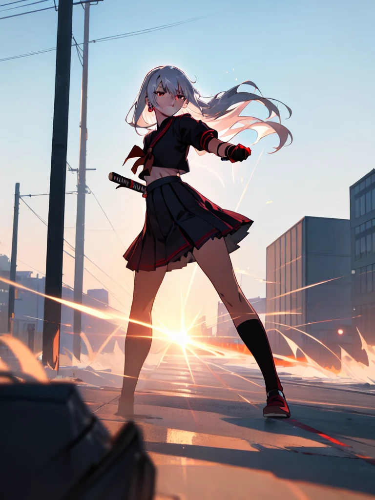 cartoon, sukeban illyasviel_von_einzbern, mature_female, silver hair, holding yoyo, combat pose, full body, flowing hair, hair between the eyes, asymmetrical hair, red eyes, delicate facial features, sukeban deka clothe, looking_at_viewer, outdoors, background tokyo, ((solo girl:1,5))+++++,woman in a 80's sukeban seifuku standing on a set of strees, black , 80's japanese sukeban photo, sukeban seifuku,  80's japan, sukeban, long black skirt, red converse, full body, light skin tone female, full body, tape, arm_support, gloves, red_gloves, bridal gauntlets, blackred_footwear, fighter outfit, full body, hourglass, mature face, cheeky smile, cheeky face, wrinkles,( silver long hair, earrings, ear piercings), (fighting art, Martial arts, standing, fighting_stance, fight, fighting), extra colors, 2D, megapixel, perfectionism, accent lighting, full HD , 4K, masterpiece, empty red eyes,  extra colors, 2D, megapixel, perfectionism, accent lighting, full HD , (Masterpiece:1.2), (full-body-shot:1),(cowboy shot:1.2), (Highly detailed:1.2),(anime Detailed Face:1.2), Colorful, A detailed eye, (Detailed landscape:1.2), (natural lighting:1.2), ((sukeban school teacher)) by Vincent Di Fate: Aidyllery, Anamorphic Shot, rule of thirds, face by Artgerm and WLOP, ((street of rage 4 city backround)), fictive city backround in the style art of street of rage 4,