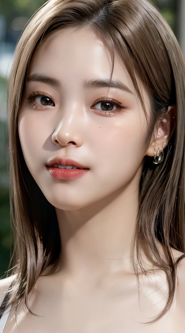 highest quality、highest quality、realistic、unity、8k wallpaper、official art、Highly detailed CG unity 8k wallpaper、super detailed、High resolution、Physically based rendering、super detailed,grow, finely,1 girl、(medium hair)、(smile:1.1)、slim face、cute woman、highly detailed face、detailed eye、double eyelid、Kamimei、(glowing skin)、(tanned skin)、(real looking skin)、blurred background、(From belly button to head)、frontage、slim face、morning park、professional lighting、(light shines on your face:1.5)、best light,chest stands out、beautiful navel