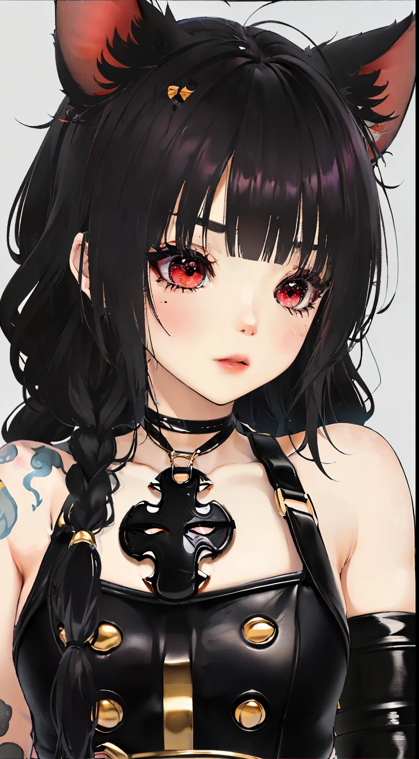 Chica anime con cabello negro y ojos rojos vestida con un traje negro. -  SeaArt AI