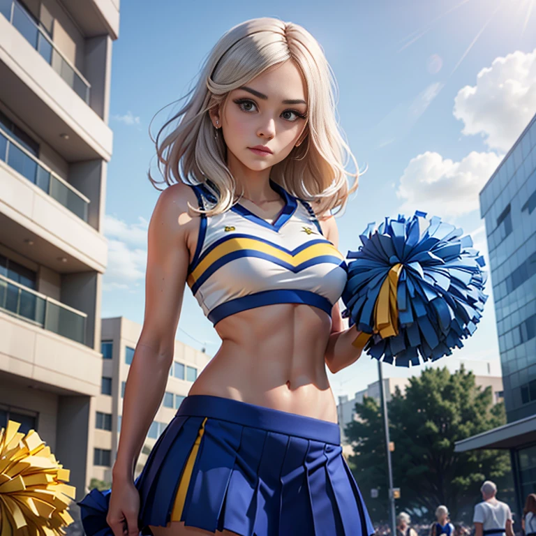 Masterpiece, best quality, detailed face, woman, platinum hair, college cheerleader uniform, midriff, standing, holding pom poms, one pom in each hand, blue skirt, in front of the college campus, looking at viewer, neutral face