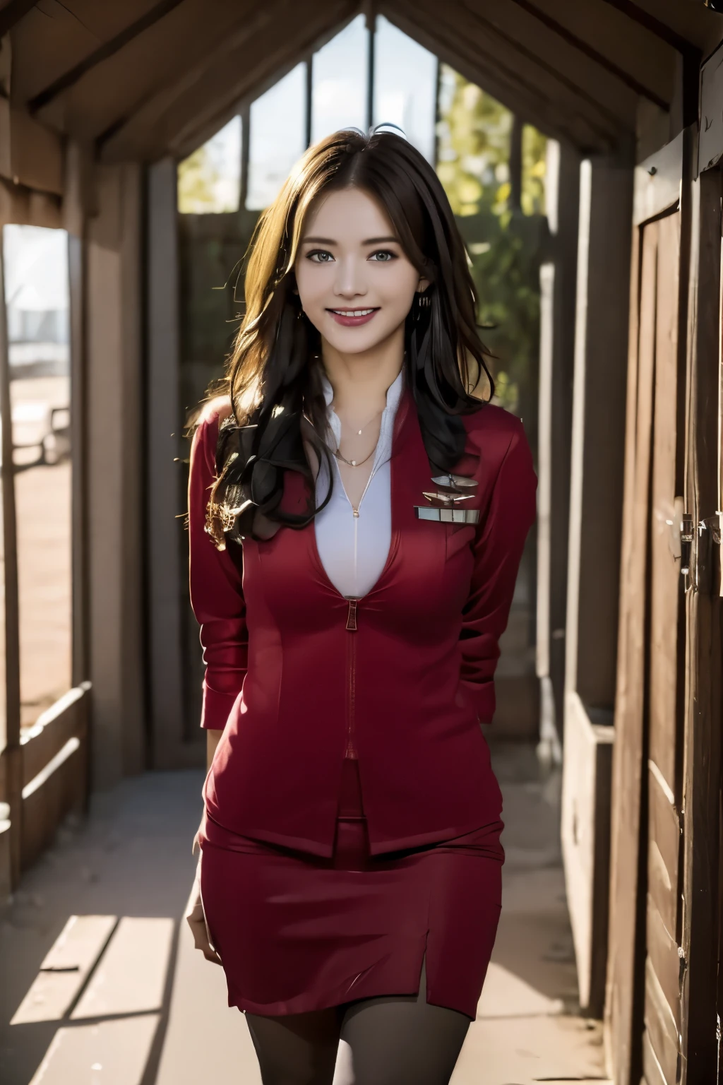 (masterpiece:1.2, highest quality:1.2), 32k HDR, High resolution, (alone, 1 girl), （Realistic style of AirAsia stewardess uniform）, neat woman, beautiful face, brown hair, (long hair down to waist), (red jacket:1.1, Unzipped jacket, unbuttoned white shirt:1.05, red mini skirt:1.1, pantyhose), perfect slim body:1.1, huge breasts, huge breasts cleavage, detailed skin texture, fine eyes, (smile:1.2), necklace、Show your whole body from head to toe,(forward leaning posture:1.5, in an abandoned hut, Mountain),Blue eyes