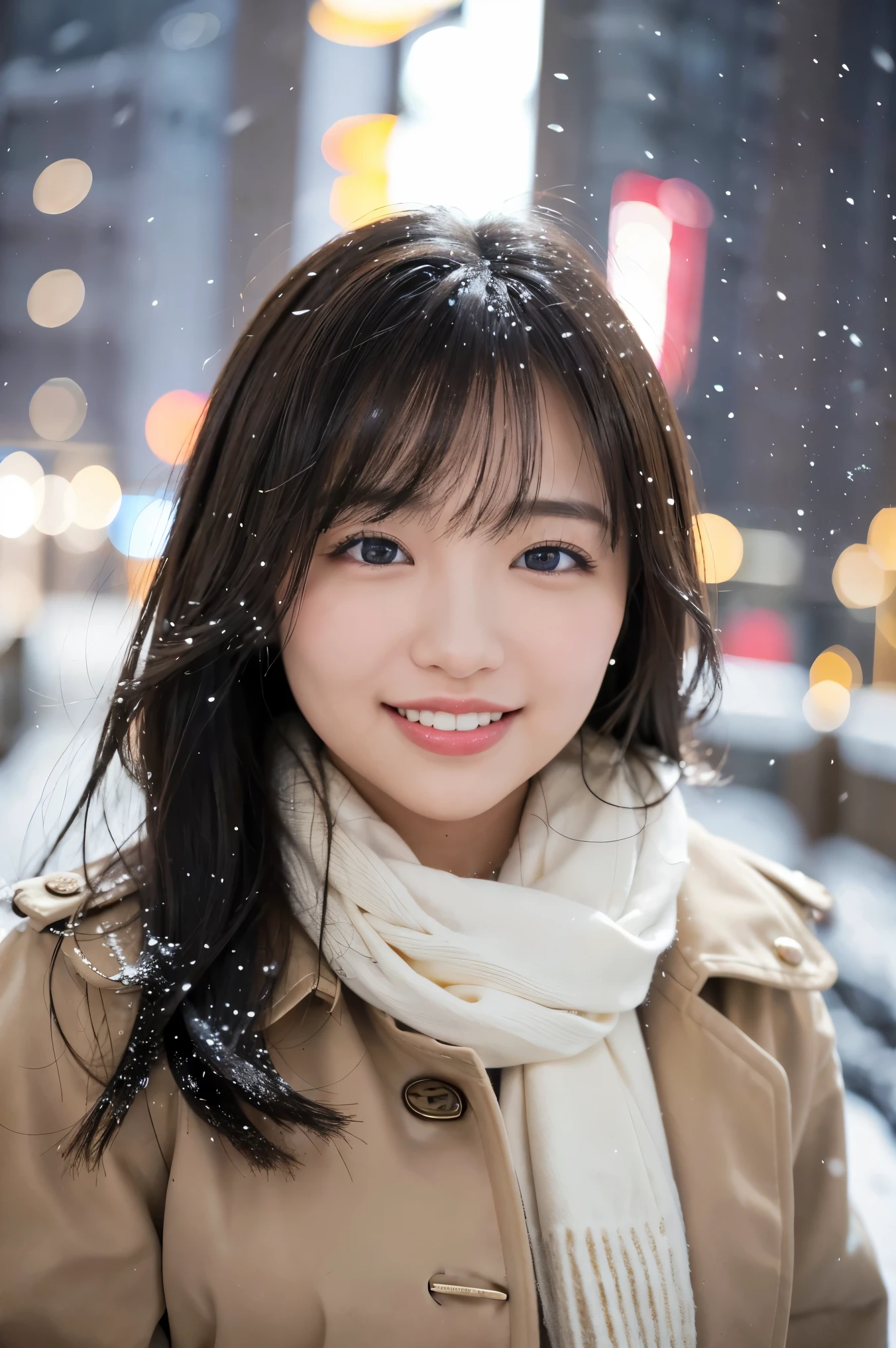 (highest quality、masterpiece、8k、best image quality、hyper realism、Award-winning work)、1 girl、(A perfect light brown coat in heavy Melton fabric.:1.2)、Soft indirect lighting、Soft and delicate light、epic movie lighting、Romantic snowy night city、Romantic illumination、Beautiful night view of a snowy city、(the best smile looking at me:1.1)、Fine sparkling snow、Beautiful snow reflecting light、Diamond dust、(Tyndall effect:1.1)、beautiful snow scene、(It&#39;s snowing:1.1)、accurate anatomy、(close up of face:1.3)、Beautiful glossy lipstick, natural color、natural makeup、glossy lips、Ultra high definition glossy skin、ultra high definition radiation, beautiful skin、Moisturized, beautiful skin、beautiful glowing skin、Ultra-high definition glossy lips、Super high-definition sparkling eyes、(Beautiful perfect teeth in super high resolution:1.1)、(Show your beautiful teeth and smile big:1.1)、(perfect beautiful teeth:1.1)