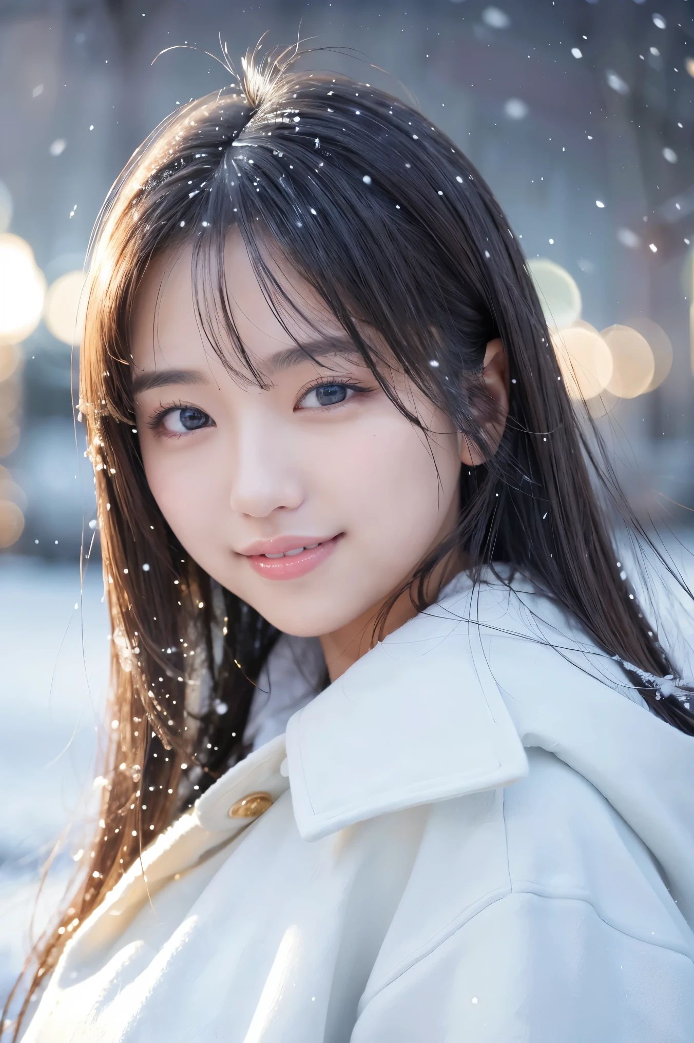 (highest quality、masterpiece、8K、best image quality、hyper realism、Award-winning work)、1 girl、(The perfect and elegant heavyweight melton coat:1.1)、Soft indirect lighting、Soft and delicate light、Dramatic lighting effects、(huge breasts:1.2)、glamorous body、emphasize body line、Romantic snowy night city、Romantic Christmas illuminations、Beautiful night view of a snowy city、the best smile looking at me、Fine sparkling snow、Beautiful snow reflecting light、Diamond dust、(Tyndall effect:1.1)、beautiful snow scene、(It&#39;s snowing:1.1)、(Snow in your hair:1.1)、accurate anatomy、(close up of face:1.3)、Beautiful glossy lipstick, natural color、natural makeup、glossy lips、Ultra high definition glossy skin、ultra high definition radiation, beautiful skin、Moist and beautiful skin、beautiful skin glow、超高精細のglossy lips、Super high-definition sparkling eyes、(Beautiful perfect teeth in super high resolution:1.1)、Show your beautiful teeth and smile big、(perfect beautiful teeth:1.1)