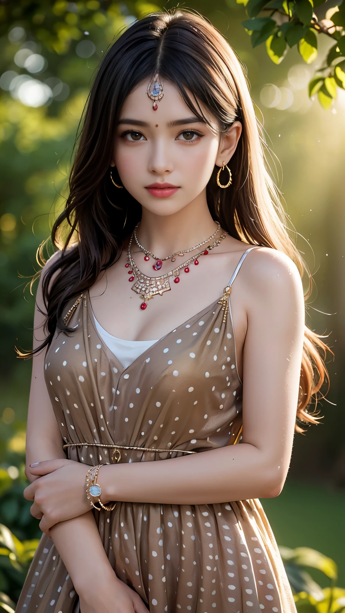 best quality, masterpiece, 1girl, (polka dot dress), (brown dress), hair ornament, necklace, (jewellery:1.8), Beautiful face, small breasts, tyndall effect, photorealistic, rim lighting, two tone lighting, (high detailed skin:1.2), dslr, (spreading light:1.5) soft lighting, high quality, volumetric lighting, candid, in the garden, Photograph, high resolution, 4k, 8k, Bokeh,