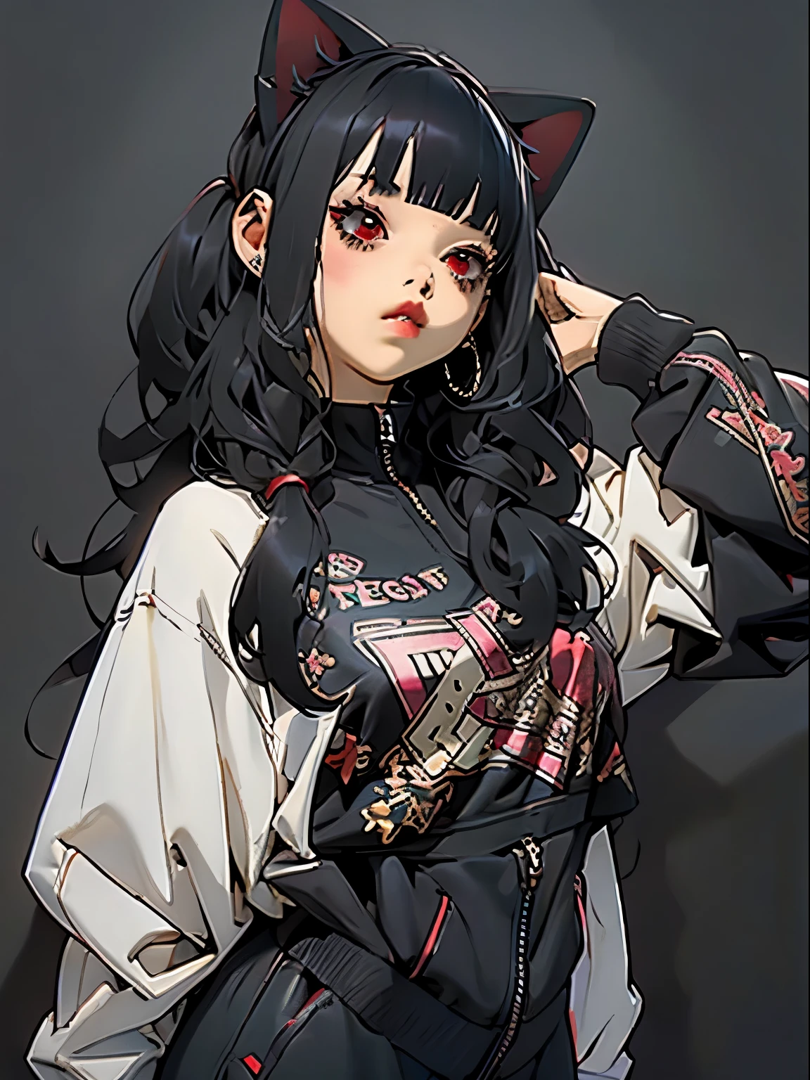 Anime girl with black hair and cat ears wearing a black and white jacket -  SeaArt AI