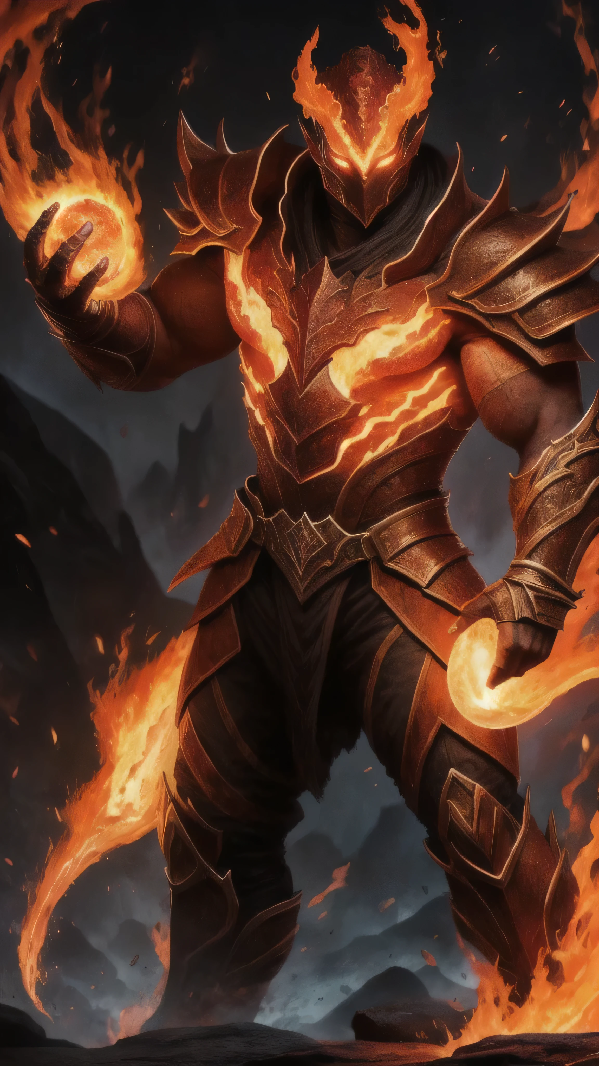 Blaze from Mortal Kombat, humanoid fire elemental, ((blazing lava fiery appearance)), ((eyes glow with an intense fiery hue)), ((rock formations resembling armor)), hulking, monstrous, 1man, solo, full body view, intricate, high detail, sharp focus, dramatic, photorealistic painting art by greg rutkowski