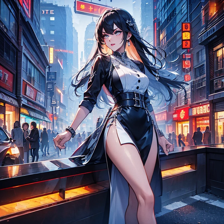 (best quality,4k,8k,highres,masterpiece:1.2),ultra-detailed,(realistic,photorealistic,photo-realistic:1.37),dark ambiance,neon lights,modern cityscape,city lights,reflective surfaces,glossy textures,vibrant colors,sensual girl,confident pose,sexy outfit,classy makeup,city skyline,tall buildings,hustle and bustle,nighttime atmosphere,city streets,pedestrians,urban vibe,alluring gaze,straight hair,perfectly-shaped eyebrows,red lipstick,intense look,high heels,streaming lights,fast-paced movement,energetic atmosphere,car lights,glamorous silhouette,flashing signs,sophisticated style,expressive eyes,luxurious background,sexy walk,exquisite details,urban charm,mysterious allure,chromatic aberration,crowded streets,attractive curves,lit-up signs,shadows and highlights,attention-grabbing presence,posh aura,seductive aura.