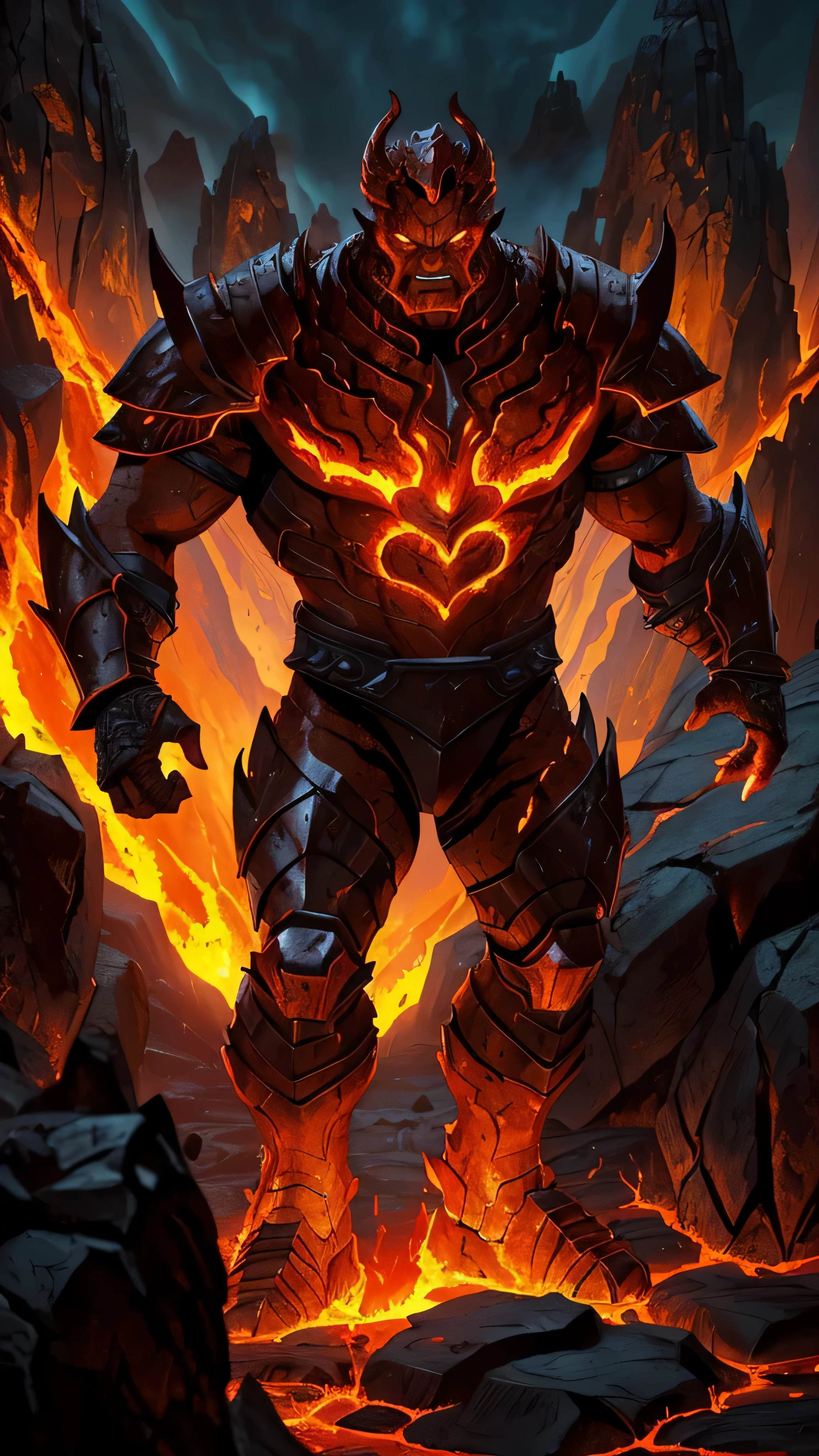 Blaze from Mortal Kombat, humanoid fire elemental, ((blazing lava fiery appearance)), ((eyes glow with an intense fiery hue)), ((rock formations resembling armor)), hulking, monstrous, 1man, solo, full body view, intricate, high detail, sharp focus, dramatic, photorealistic painting art by greg rutkowski