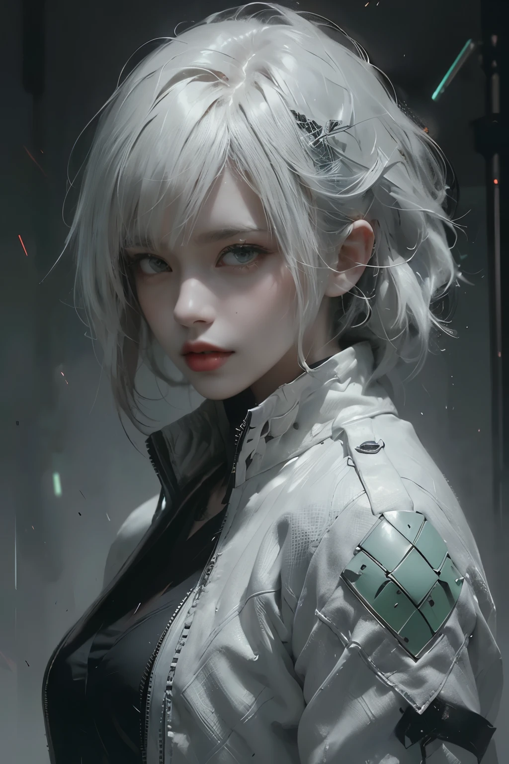 tmasterpiece,Best quality,A high resolution,8K,(Portrait photograph:1.5),(ROriginal photo),real photograph,digital photography,(Combination of cyberpunk and fantasy style),(Female soldier),20 year old girl,random hair style,By bangs,(Red eyeigchest, accessories,Redlip,(He frowned,Sneer),(Cyberpunk combined with fantasy style clothing,Openwork design,joint armor,police uniforms,White jacket,Green),exposing your navel,Photo pose,Realisticstyle,Thunder and lightning on rainy day,(Thunder magic),oc render reflection texture