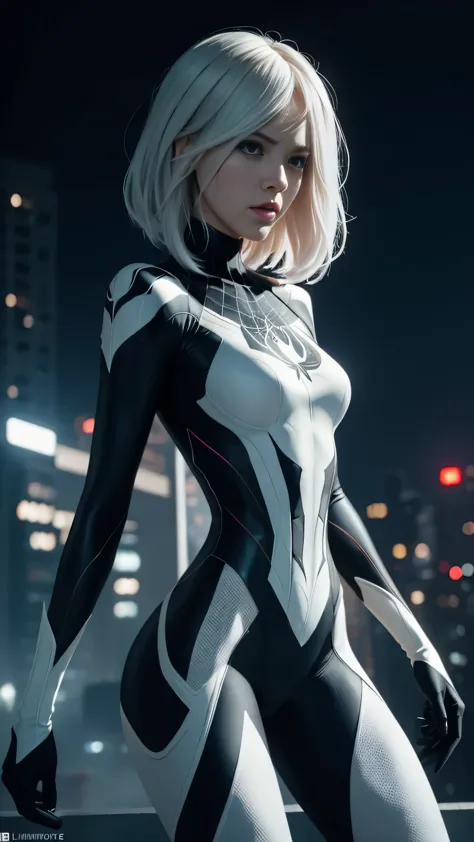 spider gwen wearing a black suit with a spider in the center of her chest in white., organic looking suit, frente pegajosa, simb...