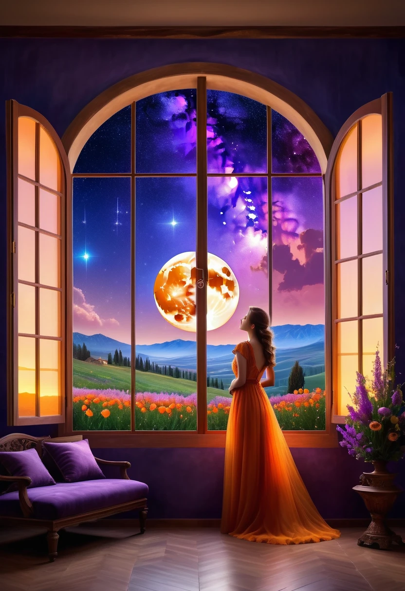  Windows in Roman architectural style，Girl standing by the window，The scenery outside the window，Looking out from the window，vast landscape photos, (A view of the sky and the wilderness below), Standing in the flower field and looking up, (full moon: 1.2), (meteor: 0.9), (nebula: 1.3), distant mountains, The art of tree folding, (Warm light source: 1.2), (firefly: 1.2), lamp, purple and orange, intricate details, Volumetric lightingBREAK (masterpiece: 1.2), (best quality ), 4K, Super detailed, (Dynamic configuration: 1.4), Highly detailed and colorful details (iridescent: 1.2), (sparkling lights, mood lighting), fantastic, magic, (alone: 1.2)