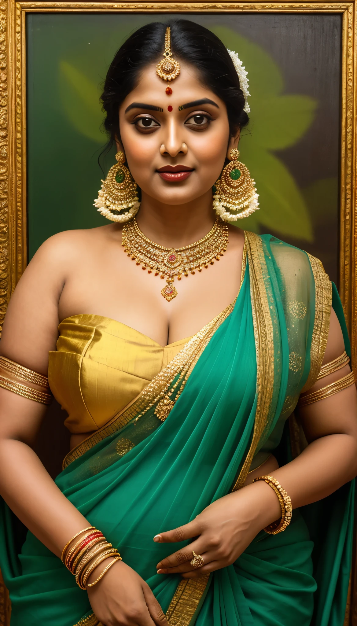 Beautiful painting of a woman in a sari with a necklace and earrings, beautiful thick figure, Thick curvy beauty, looks like Sandeepa Dhar, inspired by Raja Ravi Varma, szukalski ravi varma, portrait of a beautiful goddess, by Raja Ravi Varma, indian goddess, traditional beauty, a stunning portrait of a goddess, inspired by T. K. Padmini, indian art, indian goddess of wealth, portrait of a goddess