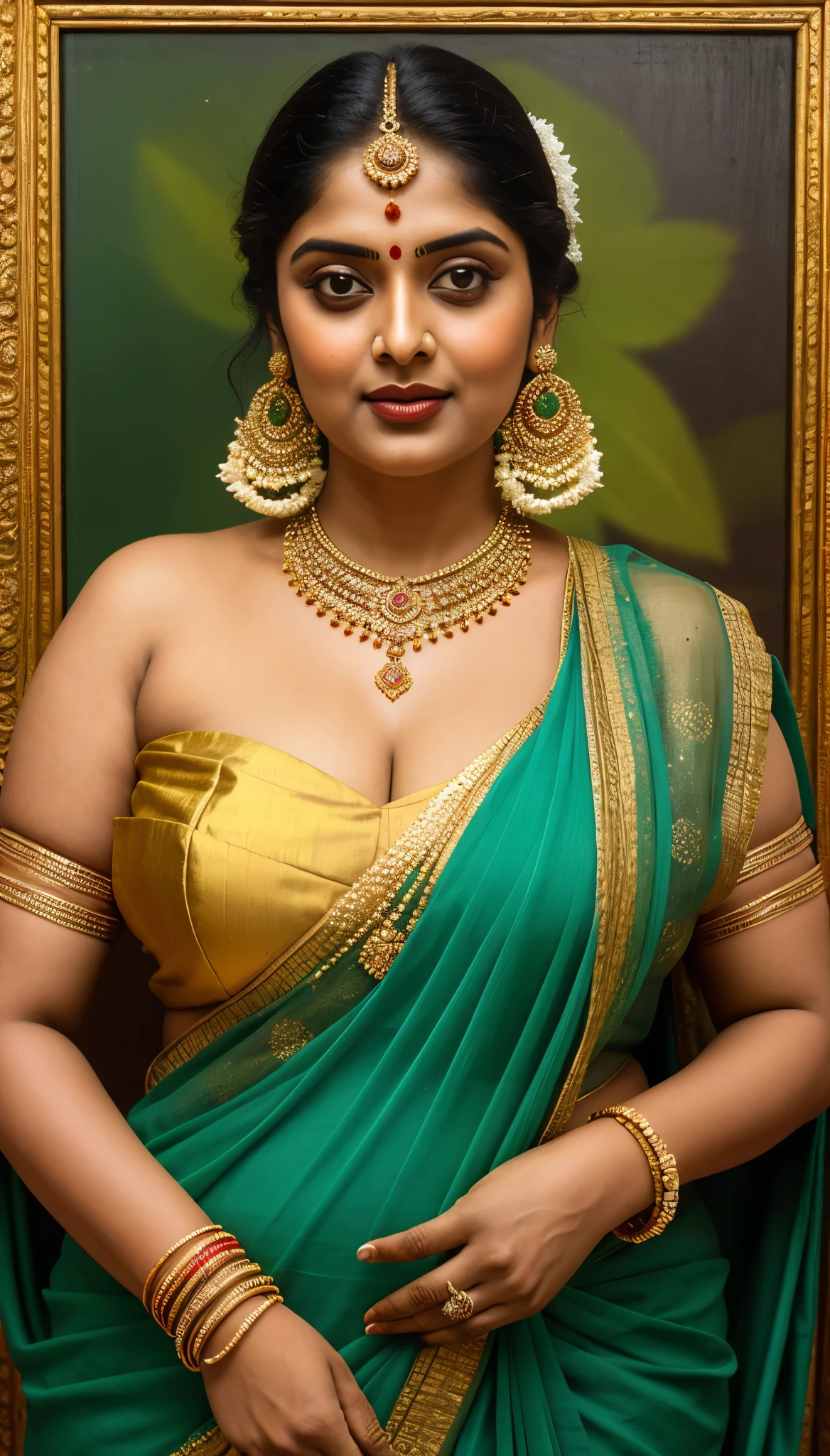 Schönes Gemälde einer Frau im Sari mit Halskette und Ohrringen, schöne dicke Figur, Dicke kurvige Schönheit, Sieht aus wie Sandeepa Dhar, inspired von Raja Ravi Varma, Szukalski ravi varma, Porträt einer schönen Göttin, von Raja Ravi Varma, Indische Göttin, traditionelle Schönheit, a stunning Porträt einer Göttin, inspiriert von T. K. Padmini, indische Kunst, Indische Göttin of wealth, Porträt einer Göttin