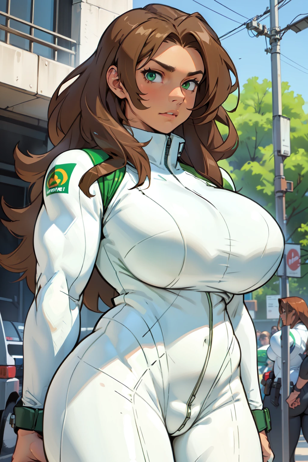 1 girl (Huge muscles, huge breasts, huge thighs) brown hair green eyes tanned skin muscular thick thick thick very long hair thick thick ((((White bodysuit)))) ((((White bodysuit))))