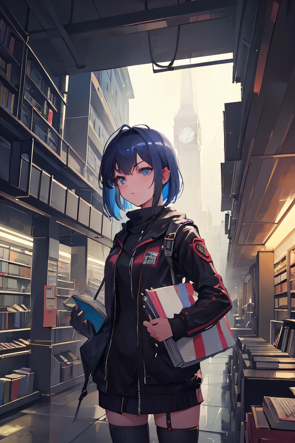 underground,cyber punk,bob,woman,ennui,Bell Tower,gear,evening,Book,library,traveler,perfect face,Upper body