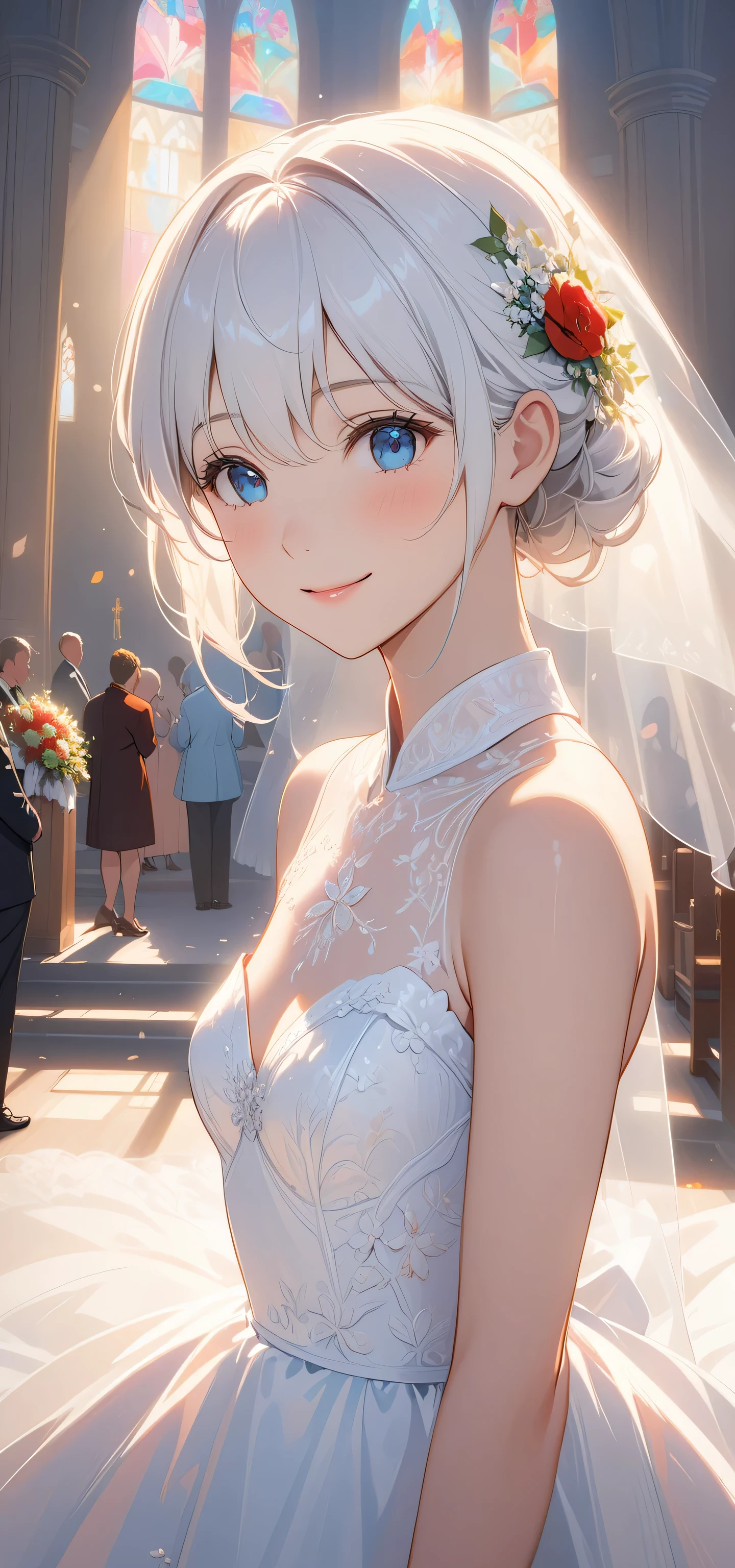 masterpiece, top quality, Super details, 8K, Detail lights, Detailed shadows, raw, (delicate skin), (real: 1.2),, 1 girl, white hair, Wedding dress，Eye close-up，church，flat chest，Smile，Positive face，for the audience