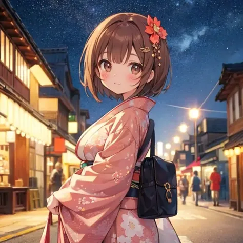 big breasts, brown hair, brown eyes, wave shorthair, bangs, blush, starry sky, street,  bright, cute kimono, cute hair accessori...