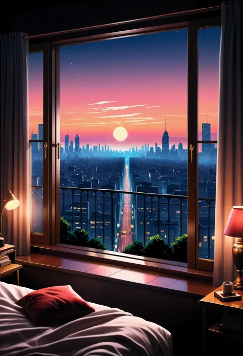 illustration of a room with a view of the city at night, scenery wallpaper aesthetic, wallpaper aesthetic, beautiful aesthetic a...