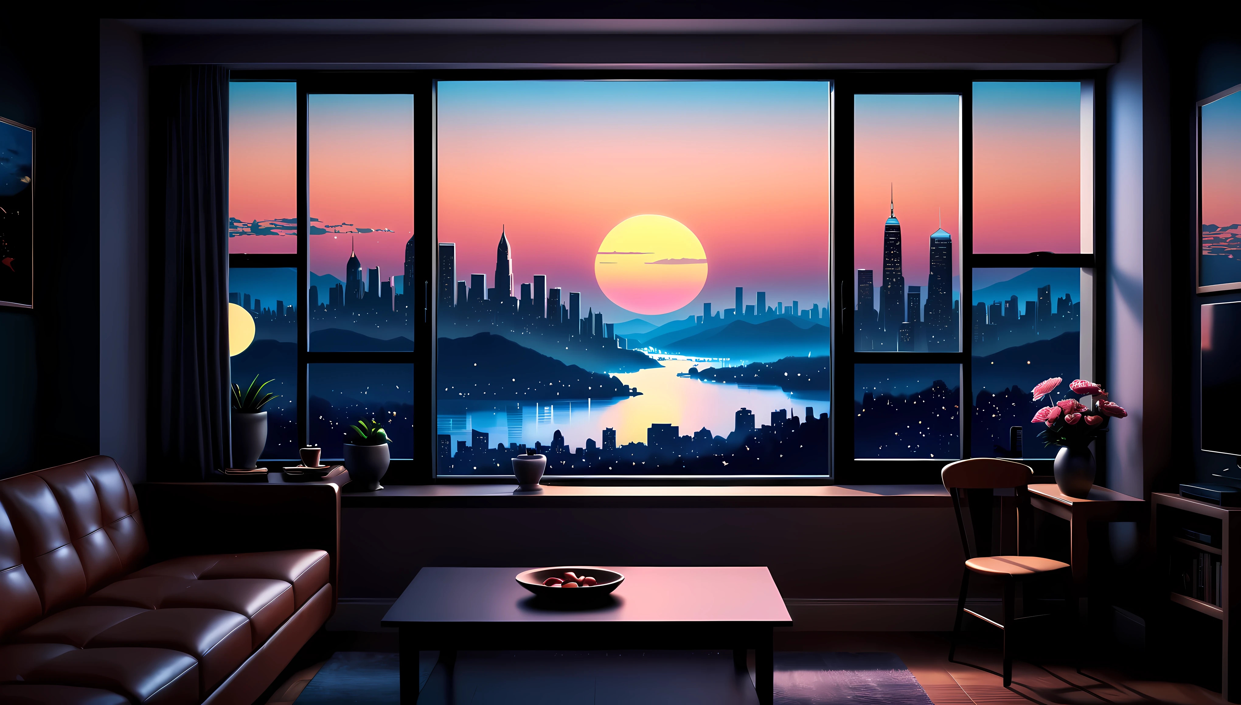 illustration of a room with a view of the city at night, scenery wallpaper aesthetic, wallpaper aesthetic, beautiful aesthetic art, beautiful and aesthetic, lofi artstyle, beautiful cityscape, lofi art, cozy wallpaper, anime background art, cityscape in the window, watching the sun set. anime, anime aesthetic, lo-fi illustration style, city sunset, lofi aesthetic. | ((Masterpiece in maximum 16K resolution):1.6),((soft_color_illustration:1.5), ((Ultra-Detailed):1.4),((Movie-like still images and dynamic angles):1.3), ((Ultra wide angle):1.5),((cinematic illustration style):1.3). | award winning masterpiece with incredible details, epic stunning, (shimmer), (visual experience), (Realism), (Realistic), award-winning graphics, dark shot, film grain, extremely detailed, Digital Art, rtx, Unreal Engine, scene concept anti glare effect, All captured with sharp focus. Rendered in ultra-high definition with UHD and retina quality, this masterpiece ensures anatomical correctness and textured skin with super detail. With a focus on high quality and accuracy, this award-winning portrayal captures every nuance in stunning 16k resolution, immersing viewers in its lifelike depiction. Avoid extreme angles or exaggerated expressions to maintain realism. ((perfect_composition, perfect_design, perfect_layout, perfect_detail, ultra_detailed)), ((enhance_all, fix_everything)),