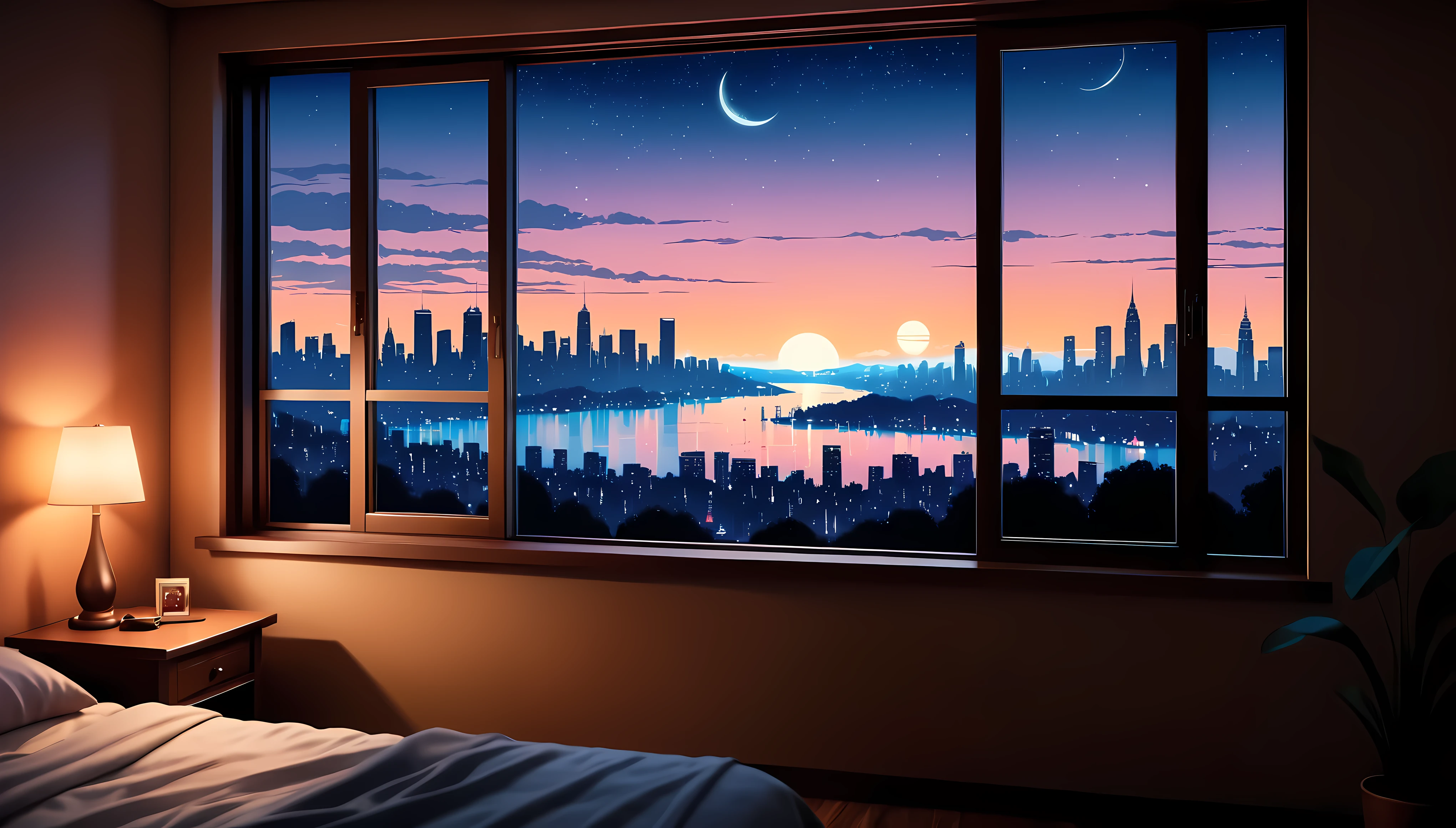 illustration of a room with a view of the city at night, scenery wallpaper aesthetic, wallpaper aesthetic, beautiful aesthetic art, beautiful and aesthetic, lofi artstyle, beautiful cityscape, lofi art, cozy wallpaper, anime background art, cityscape in the window, watching the sun set. anime, anime aesthetic, lo-fi illustration style, city sunset, lofi aesthetic. | ((Masterpiece in maximum 16K resolution):1.6),((soft_color_illustration:1.5), ((Ultra-Detailed):1.4),((Movie-like still images and dynamic angles):1.3), ((Ultra wide angle):1.5),((cinematic illustration style):1.3). | award winning masterpiece with incredible details, epic stunning, (shimmer), (visual experience), (Realism), (Realistic), award-winning graphics, dark shot, film grain, extremely detailed, Digital Art, rtx, Unreal Engine, scene concept anti glare effect, All captured with sharp focus. Rendered in ultra-high definition with UHD and retina quality, this masterpiece ensures anatomical correctness and textured skin with super detail. With a focus on high quality and accuracy, this award-winning portrayal captures every nuance in stunning 16k resolution, immersing viewers in its lifelike depiction. Avoid extreme angles or exaggerated expressions to maintain realism. ((perfect_composition, perfect_design, perfect_layout, perfect_detail, ultra_detailed)), ((enhance_all, fix_everything)),