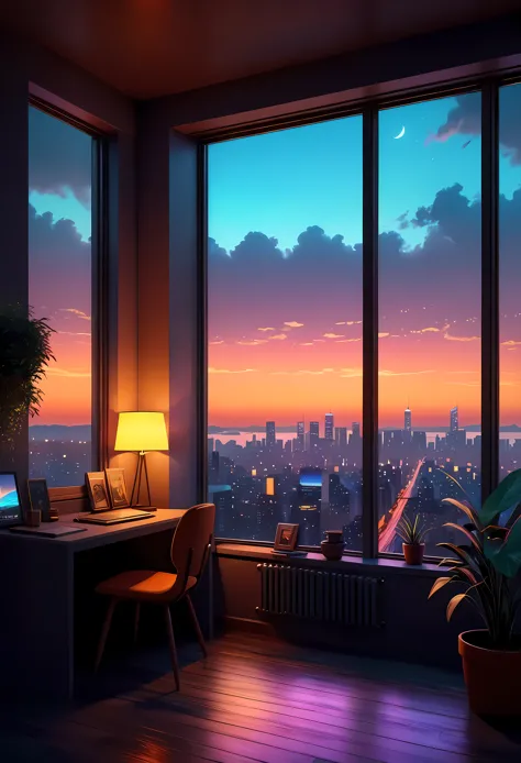 illustration of a room with a view of the city at night, scenery wallpaper aesthetic, wallpaper aesthetic, beautiful aesthetic a...