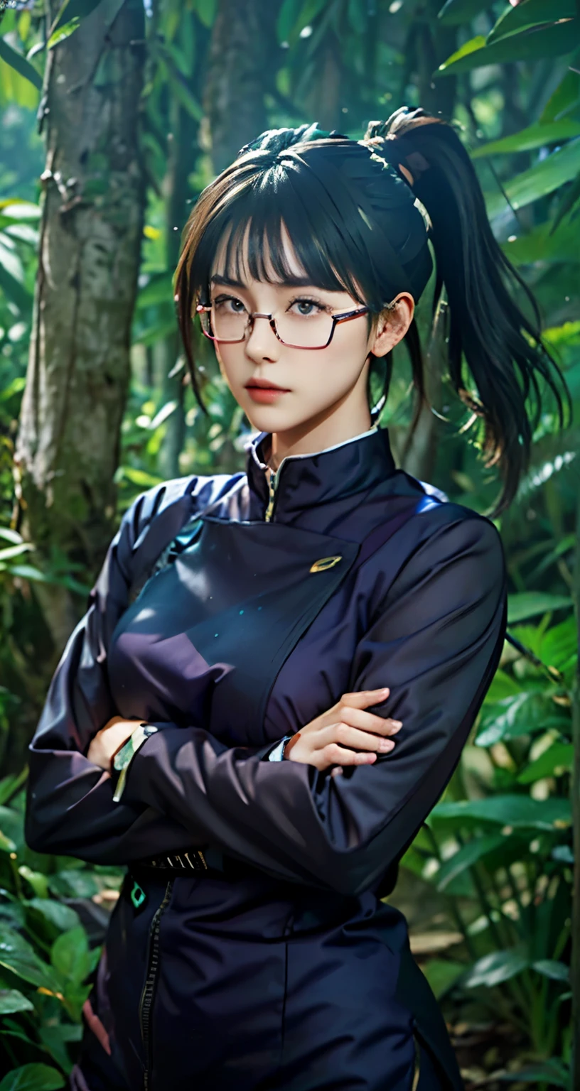 Adaptation of this character to the real world, Korean teen beauty face,looking at the viewer,Realistic same hairstyle dark green,Realistic jungle with a lot of grass background, surreal, realistic light, realistic shadow, realism,(realistic:1.2), (realistic same costume), Wearing realistic purple glasses