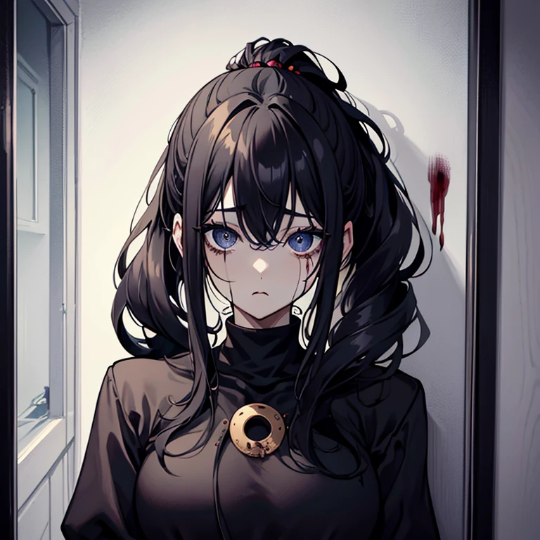 (masterpiece), (perfect hands), best quality, expressive eyes, perfect face, (one woman) with curly black hair in ponytail and bangs, wearing black turtleneck with chest cutout, posing fearfully backed up against a wall, crying, covered in blood, horror, scary, headshot