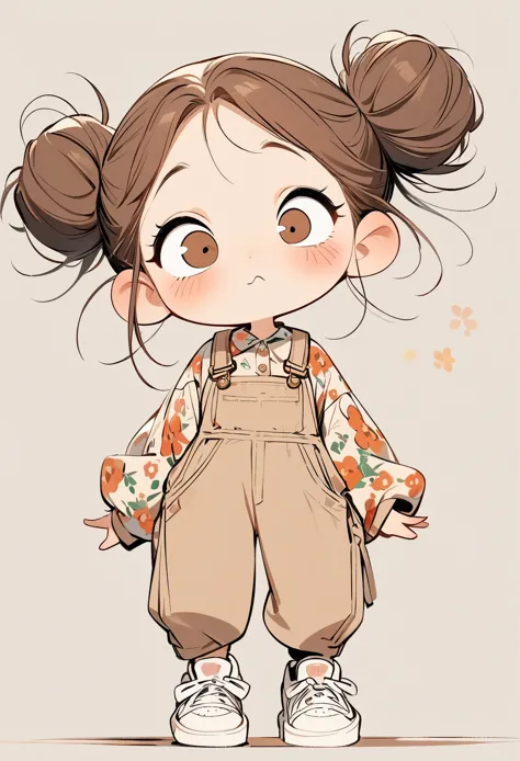 (masterpiece, best quality:1.2), cartoonish character design。1 girl, alone，big eyes，cute expression，Two hair buns，Floral shirt，Overalls，White sneakers，stand，interesting，interesting，clean lines