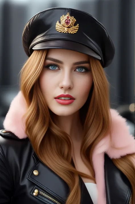 A close-up portrait of a gorgeous, beautiful, stunning russian woman wearing a classy outfit: a leather jacket with pink fur, a ...