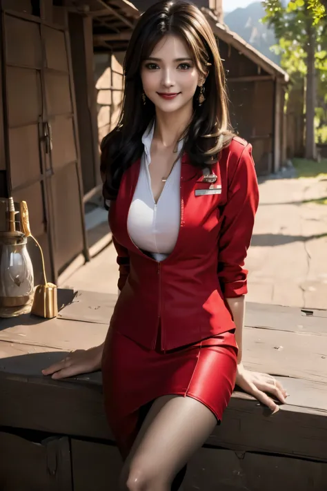 (masterpiece:1.2, highest quality:1.2), 32K HDR, High resolution, (alone, 1 girl), （Realistic style of AirAsia stewardess unifor...
