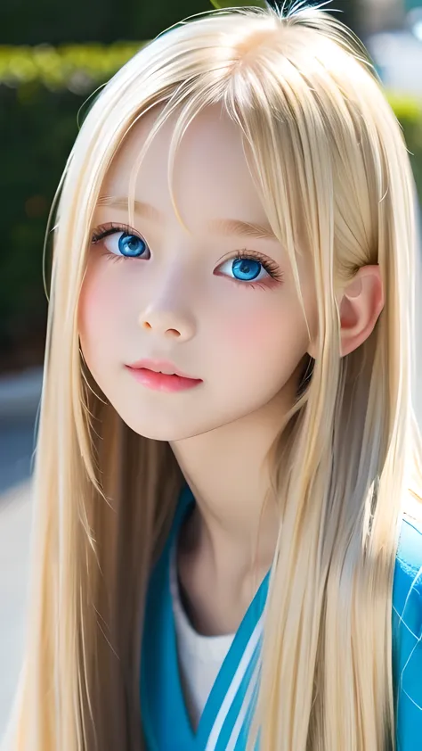 Super long blonde super long straight silky hair、Bangs on a beautiful face between the eyes、Very cute beautiful sexy young teenage girl、So perfect beautiful cute face、Clear, beautiful, bright, pale light blue eyes that are huge、Very big cute eyes、small fac...