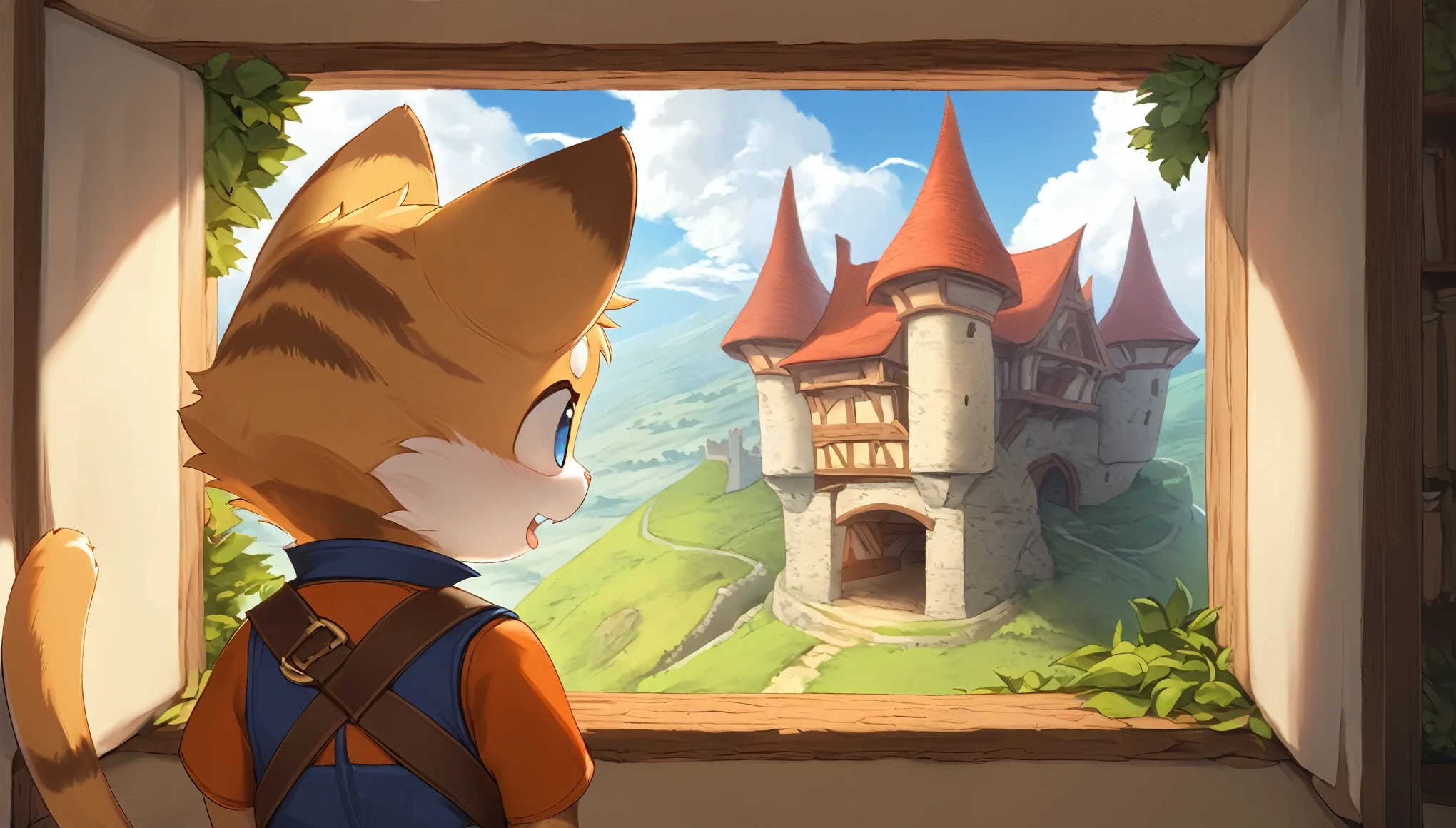 anthro, kemono, male, solo, ((chibi)), ((adventure costume:1.5)), ((domestic cat, cat) fluffy fur, fluffy), ((close up, back view)), (on inside of the medieval house), (looking outside of the window, with the view are castle from nearby), ((the window are wide, with amazing view of the outside)), detailed background, (high quality, highres, masterpiece), (dynamic lighting, vivid color), (amazed, suprised face, happy, lift-eyebrow), close up persective, cartoon, animaginexl, vector art, flat color