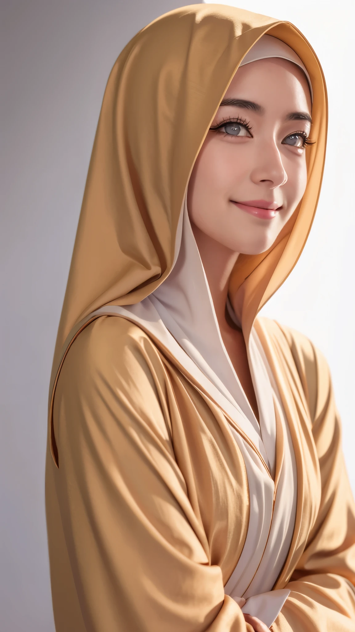 Foto RAW de una niña con hijab,personaje de hanabi hyuga,representación realista,satín abaya,satín,retrato de cara hijab,fondo neutro,8k hd,DSLR,iluminación suave,alta calidad,grano de la película,Detalle de calidad Fujifilm, trabajo perfecto, Frente a la cámara, foto de medio cuerpo. expresión de sonrisa linda y dulce. encantador ,Detalles del hijab musulmán,detalle de camiseta ,detalle ojos