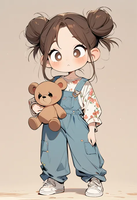 (masterpiece, best quality:1.2), cartoonish character design。1 girl holding a teddy bear, alone，big eyes，cute expression，Two hair buns，Floral shirt，Overalls，White sneakers，stand，interesting，interesting，clean lines