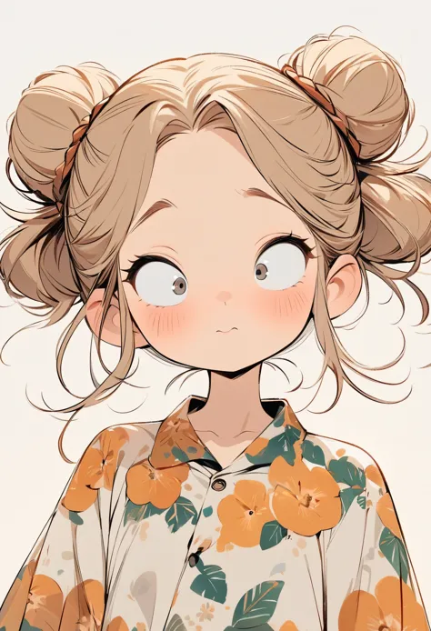 (masterpiece, best quality:1.2), cartoonish character design。1 girl, alone，big eyes，cute expression，Two hair buns，Floral shirt，interesting，interesting，clean lines
