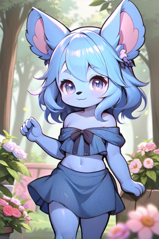 furry,cute girl,chibi,mouse ears,blue hair, blue dress,sleveless,strapless,midriff,white skin,in forest,looking at viewer,smile,...