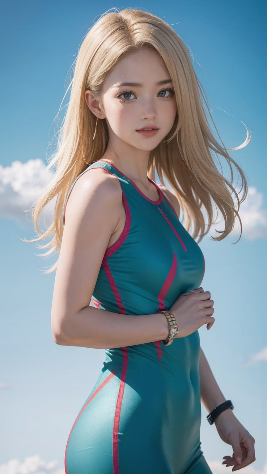 blonde hair, gradient hair, hair over shoulder, hair behind ear, longeyelashes, light smile, Surrealism, depth of field, atmospheric perspective, foreshortening, UHD, anatomically correct, highres, 16k、A 22-year-old extremely beautiful white woman、Her hair color is platinum blonde、blue eyeedium hair、straight hair、The hair is shiny、The skin is lustrous、smile、Slender but well-proportioned muscular body、Athlete-like body type、I don&#39;t want my head to disappear from the screen.、Wearing accessories on your wrist、Wearing red nail polish、I have a peticure、Gradient color hairstyle ((gradient hair))
、long hair ((long hair))、Wear an off-the-shoulder bodycon outfit、wear stiletto heels、pastel green background、smile((smile))