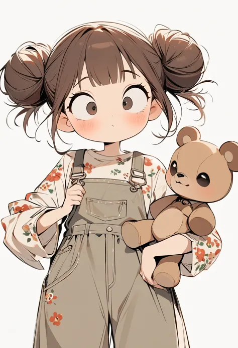 (masterpiece, best quality:1.2), cartoonish character design。1 girl holding a teddy bear, alone，big eyes，cute expression，Two hair buns，Floral shirt，Overalls，White sneakers，stand，interesting，interesting，clean lines