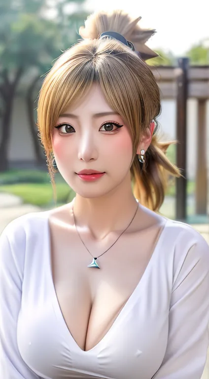 real image、8k, nara temari、(slanted eyes)、(double eyelid)、((big breasts)), (cleavage), clavicle,((tsun costume)), (white square ...