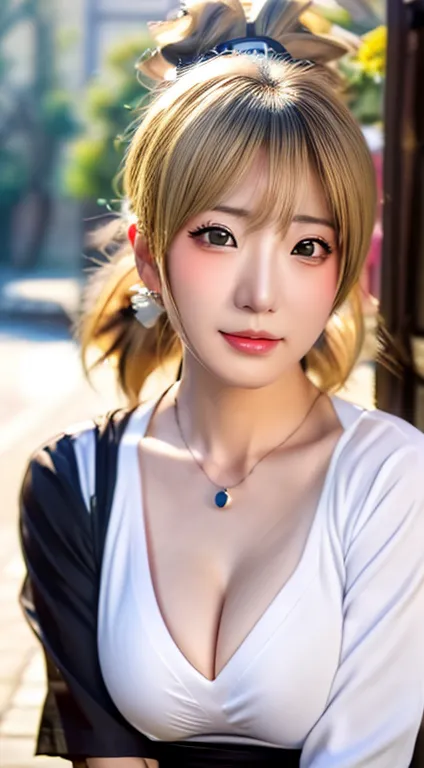 real image、8K, Nara Temari、(slanted eyes)、(double eyelid)、((big breasts)), (cleavage), clavicle,((Tsun Costume)), (White square ...