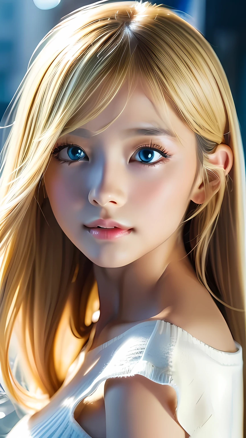 high quality、最high quality、photorealistic、Raw photo、real、超real8K CG、Super detailed、High resolution、masterpiece、1 girl、Very beautiful girl、super long hair、bright blonde hair、bright blue big eyes、Detailed face and large eyes、small face beauty、white beautiful skin、Close-up、intricate details、detailed texture、details、details、((最high quality、8k、masterpiece、sharp focus、35mm lens、f / 0.8、Amazingly beautiful and perfect figure:1.4))、side light、((Natural medium breasted))、(White Shoulder Knit Sweater:1.2)、(street background:1.2)、necklace、Highly detailed face and skin texture:1.2、Detailed black eyes:1.2、Super detailedな肌、shiny skin:1.2、blush、Beautiful detailed makeup:1.2、High fidelity bangs、Long, random hairstyle in vibrant light blonde、 from below、view viewer