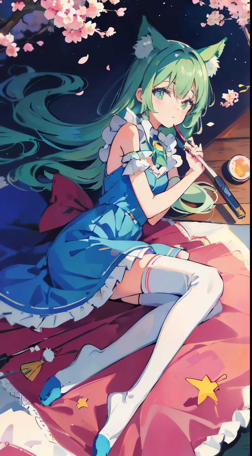 ((table top, highest quality: 1.1), ((Anime girl in a blue dress with a magic wand)), art nouveau、Anime cat girl in maid outfit, , ((Green hairs))、long haired person、((Eyes that shine like jewels, long eyelashes, and transparency))、Very Beautiful Anime Neko Musume, anime cat girl, ((white knee highs)), charming cat girl, Cherry blossom viewing under the cherry trees,lying down、私nspired by Leiko 私kemura, Aya Takano color style, in ryuuou no oshigoto art style, ((Cat ear)), smile