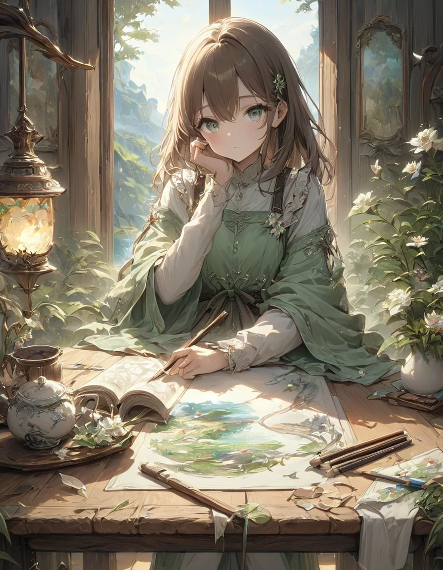 A girl sitting at a wooden desk, enjoying a cup of aromatic tea, with steam gently rising from the cup. Her delicate fingers are wrapped around the warm porcelain, adding a touch of elegance and serenity to the scene. Her eyes reflect the soft natural light streaming in through a large window, creating a warm glow on her face.

The desk is cluttered with art supplies, showcasing her creative spirit. Pencils, brushes, and watercolor palettes are scattered across the surface, hinting at the artistic endeavors happening in this serene setting. The wooden texture of the desk adds a rustic charm, contrasting with the modernity of the surrounding environment.

Looking beyond the window, a picturesque view unveils itself. It is a cinematic scene — rolling hills covered in lush green vegetation, a tranquil lake mirroring the azure sky, and vibrant flowers blooming in harmony. The landscape exudes a sense of peace and tranquility, inviting the viewer to immerse themselves in nature's beauty.

The lighting is perfect, casting soft shadows and creating a gentle play of light and dark. It enhances the overall atmosphere, adding depth and dimension to the composition. The light delicately highlights the girl's face, accentuating her features and evoking a sense of tranquility and contentment.

The composition of the scene is carefully thought out, with the girl positioned off-center, creating a visually appealing balance. The rule of thirds is expertly employed, drawing the viewer's attention to the main subject while harmoniously incorporating the surrounding elements.

As for the art style, it is realistic and detailed, capturing every intricate brushstroke and delicate color variation. The medium used could be oil painting or even a stunning 3D rendering, enhancing the overall aesthetic quality and immersing the viewer in the beauty of the artwork.

The color palette is serene and soothing, with a focus on earthy tones and pastel hues. Soft greens, warm browns, and delicate p