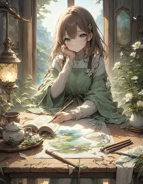 a girl sitting at a wooden desk, enjoying a cup of aromatic tea, with steam gently rising from the cup. her delicate fingers are...