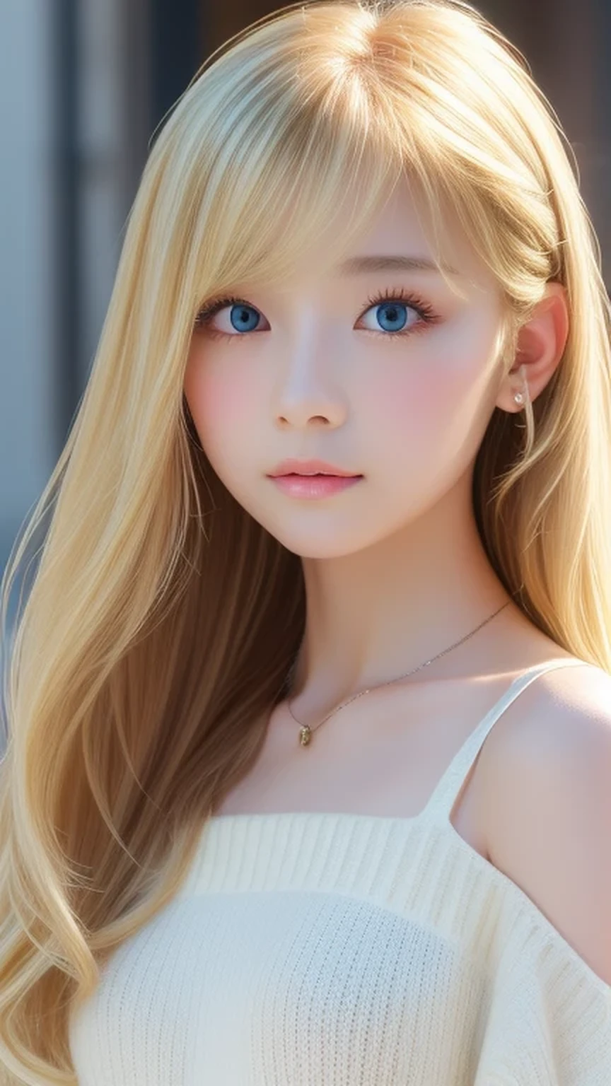 high quality、最high quality、photorealistic、Raw photo、real、超real8K CG、Super detailed、High resolution、masterpiece、1 girl、Very beautiful girl、super long hair、bright blonde hair、bright blue big eyes、Detailed face and large eyes、small face beauty、white beautiful skin、Close-up、intricate details、detailed texture、details、details、((最high quality、8k、masterpiece、sharp focus、35mm lens、f / 0.8、Amazingly beautiful and perfect figure:1.4))、side light、((Natural medium breasted))、(White Shoulder Knit Sweater:1.2)、(street background:1.2)、necklace、Highly detailed face and skin texture:1.2、Detailed black eyes:1.2、Super detailedな肌、shiny skin:1.2、blush、Beautiful detailed makeup:1.2、High fidelity bangs、Long, random hairstyle in vibrant light blonde、 from below、view viewer